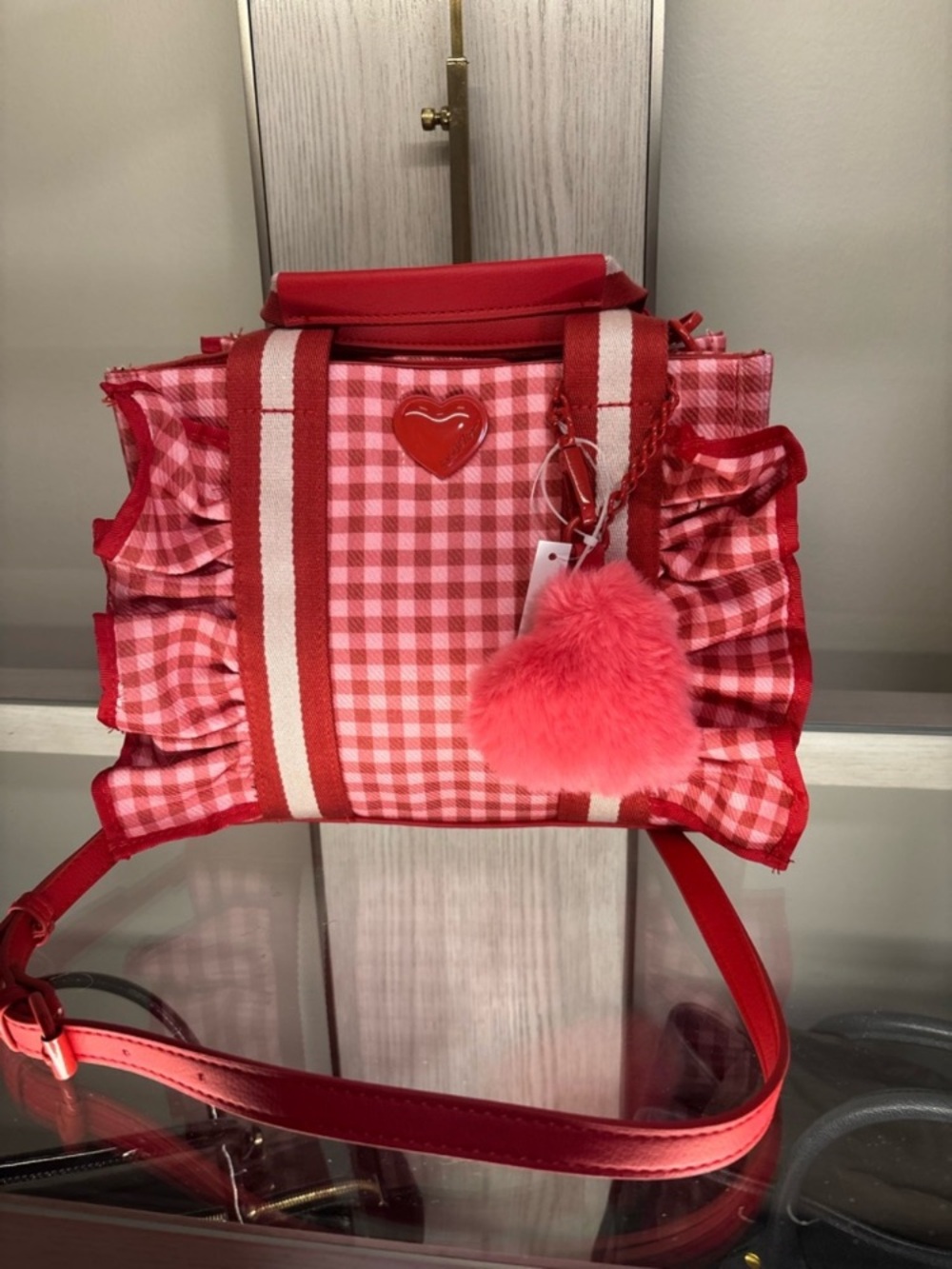 Betsey Johnson Red Pink Gingham Crossbody with Heart Charm